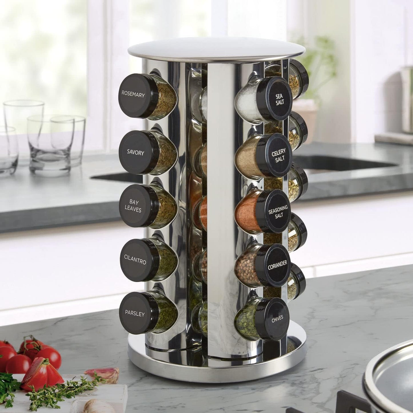 20-Jar Revolving Spice Rack Organizer with Included Spice Jars, Rotating Stainless Steel Countertop Seasoning Carousel for Kitchen Storage and Cooking Essentials