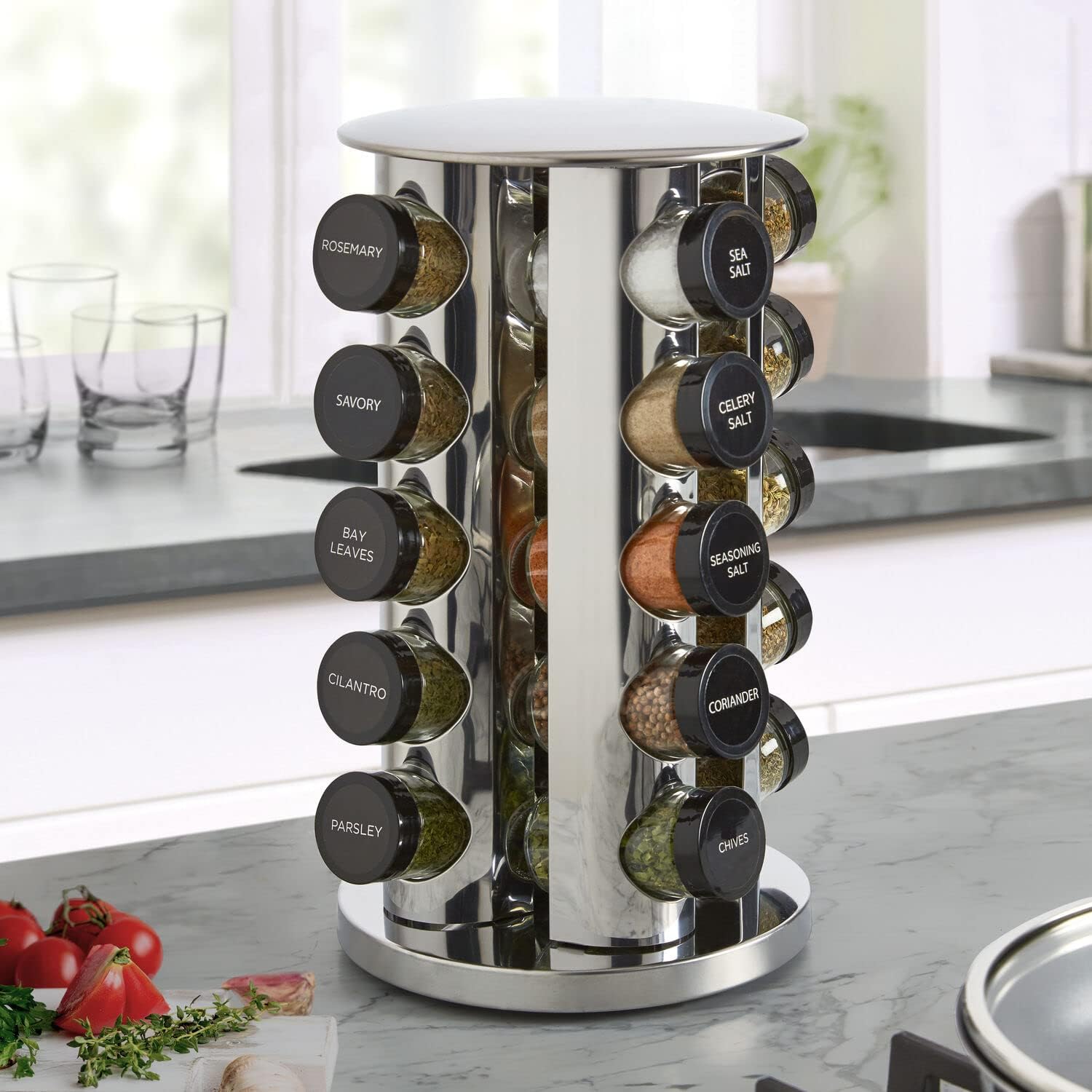 20-Jar Revolving Spice Rack Organizer with Included Spice Jars, Rotating Stainless Steel Countertop Seasoning Carousel for Kitchen Storage and Cooking Essentials