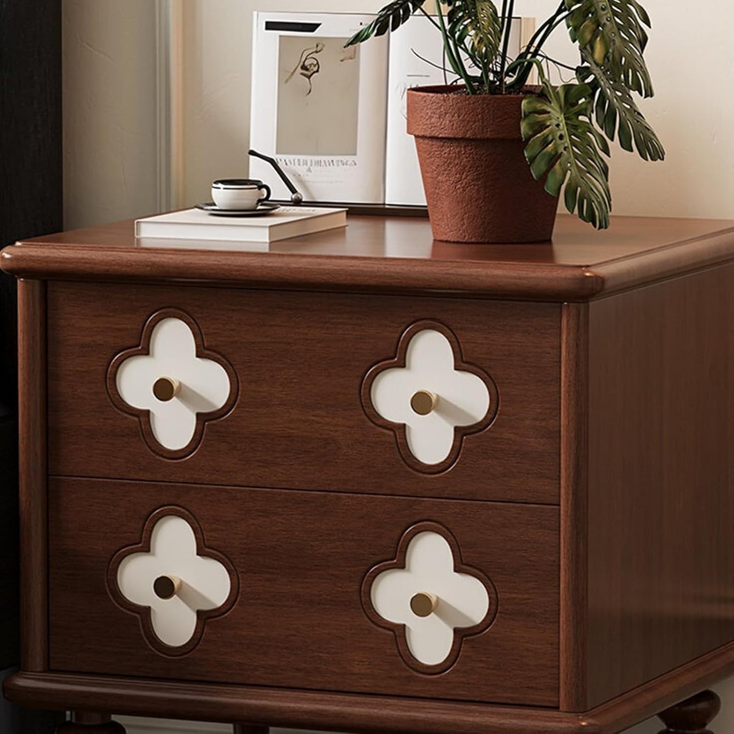 Vintage Nightstand with 2 Storage Drawers and Floral Detail Design, Wooden Bedside Table with Turned Legs for Bedroom and Living Room, Brown Finish