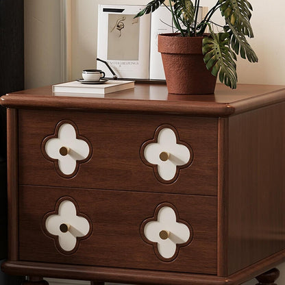 Vintage Nightstand with 2 Storage Drawers and Floral Detail Design, Wooden Bedside Table with Turned Legs for Bedroom and Living Room, Brown Finish
