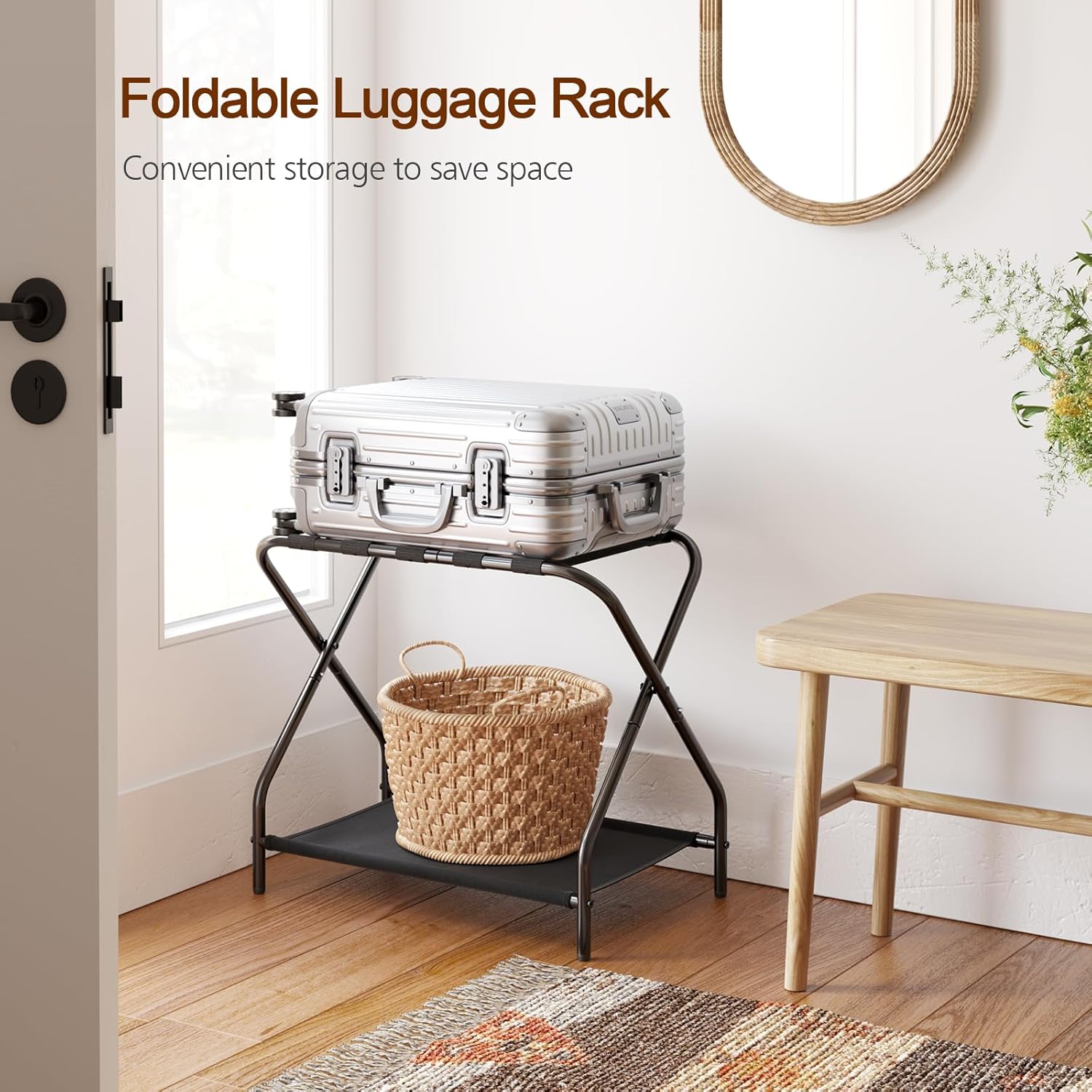 Set of 2 Foldable Luggage Racks with Storage Shelf, Heavy Duty Suitcase Stands for Guest Room, Bedroom, Hotel and Travel Organization