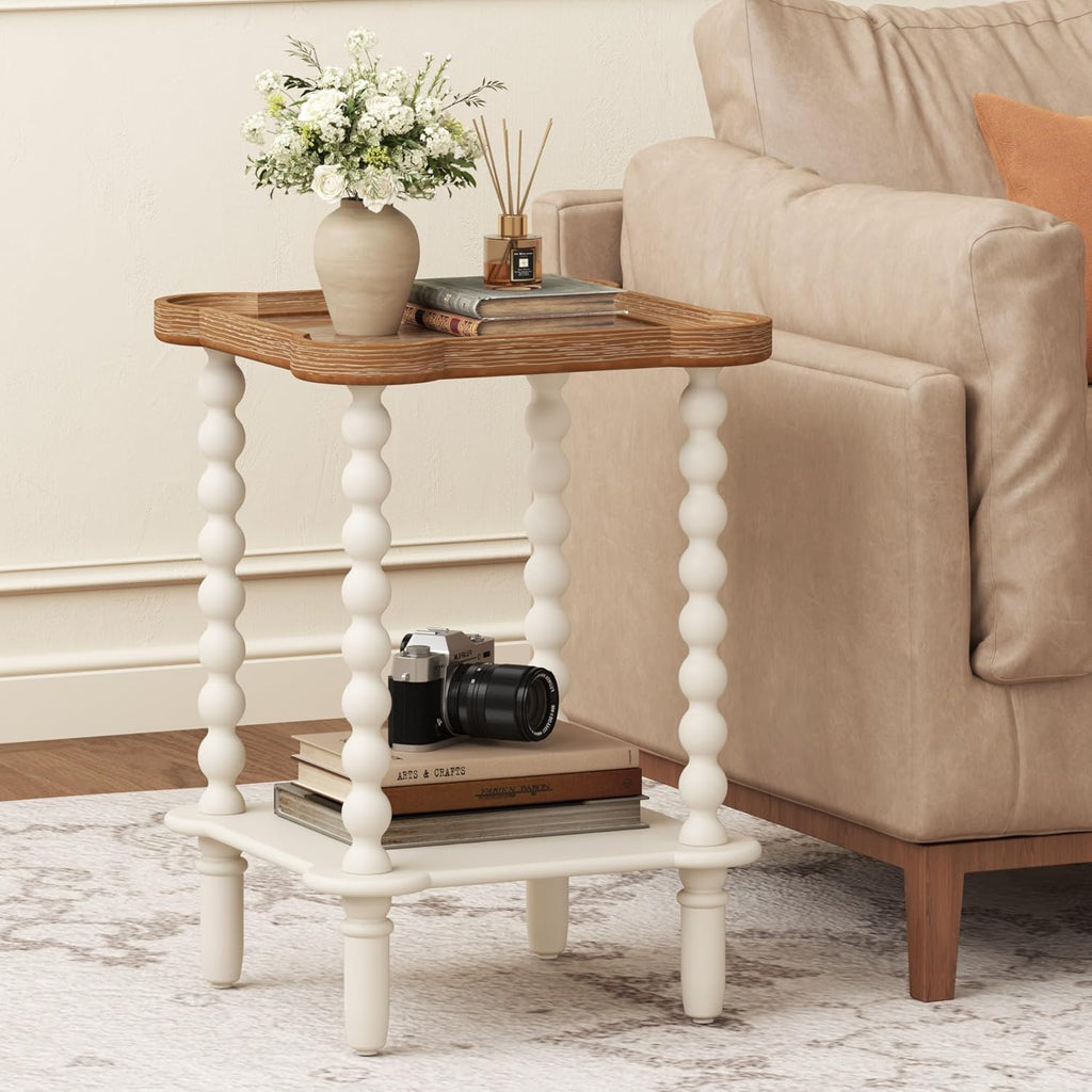Farmhouse Square Side Table with Open Shelf, French Country End Table and Nightstand with Tray Top and Vintage Spindle Legs for Living Room and Bedroom
