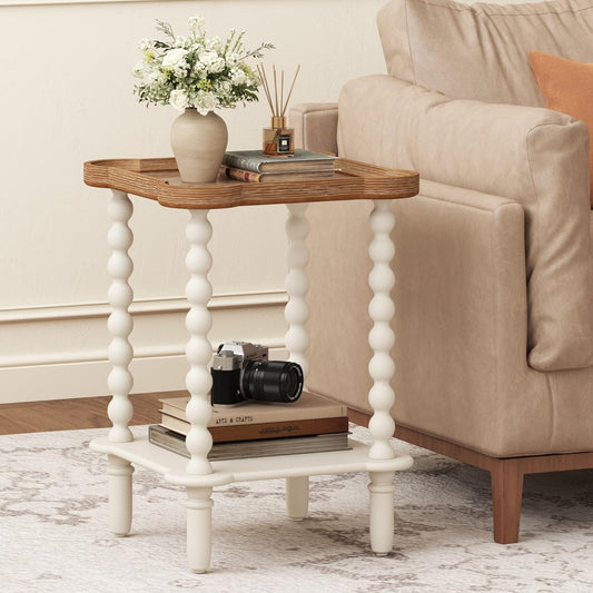 Farmhouse Square Side Table with Open Shelf, French Country End Table and Nightstand with Tray Top and Vintage Spindle Legs for Living Room and Bedroom