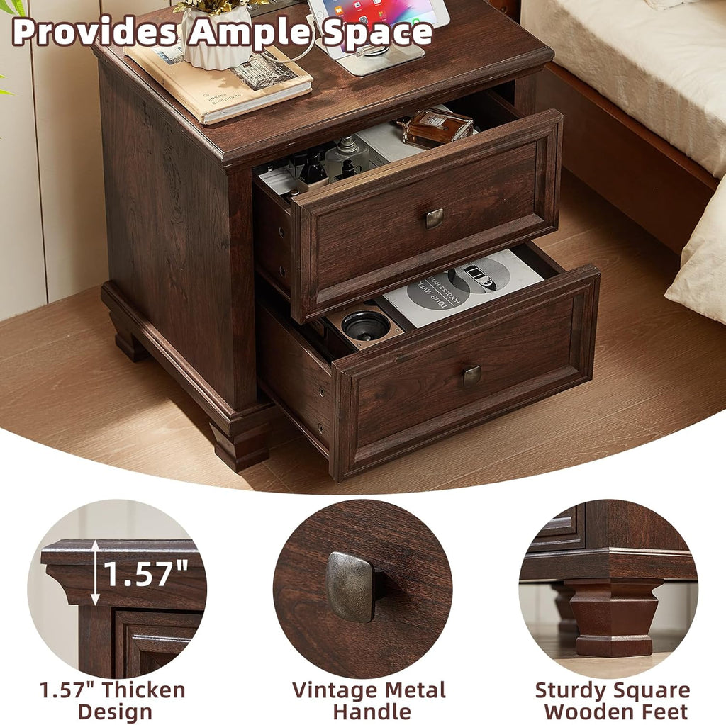Farmhouse Nightstand with Charging Station and 2 Drawers, Mid-Century Modern End Table with Solid Wood Legs, Rustic Bedside Table for Bedroom and Living Room
