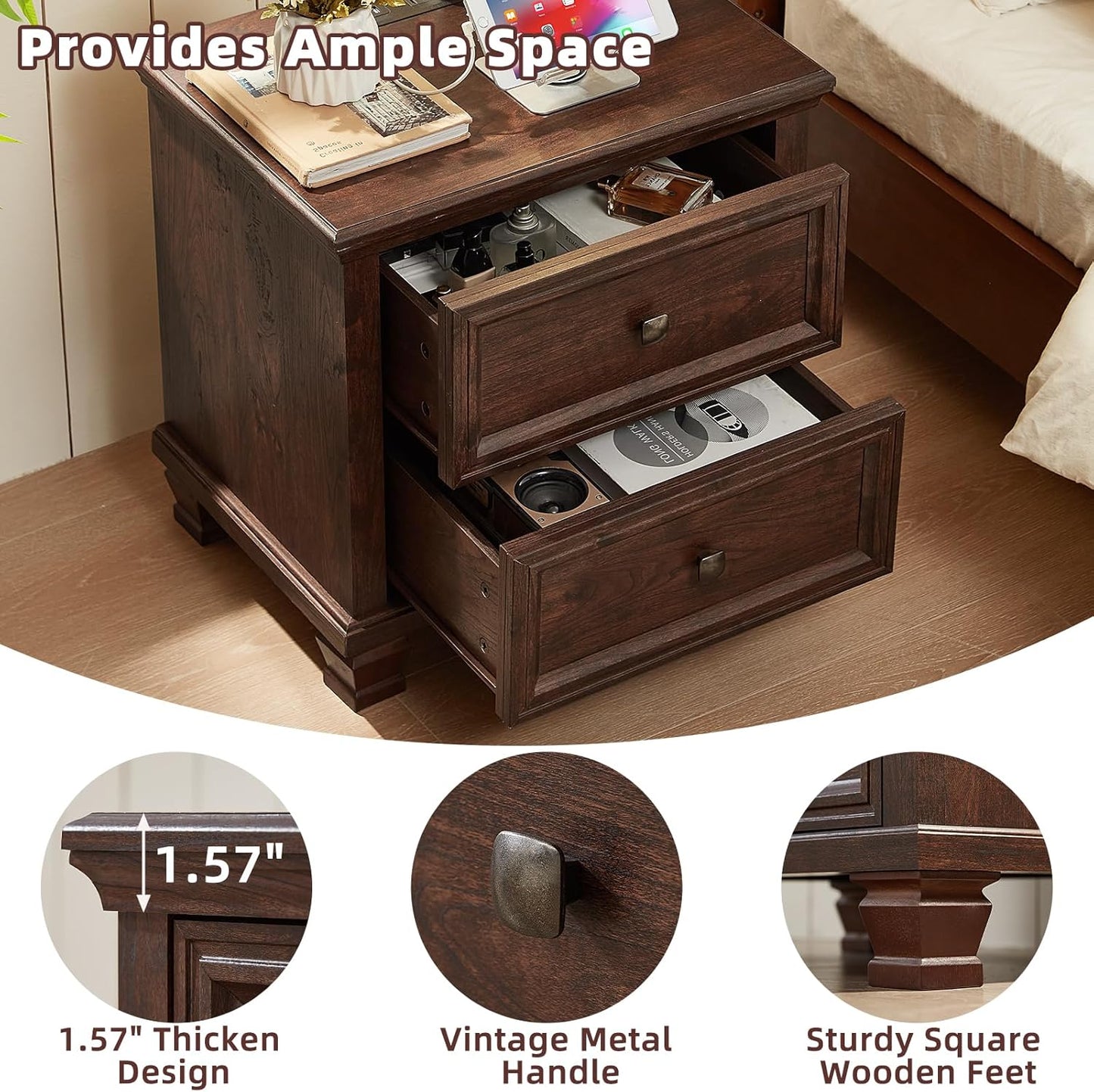 Farmhouse Nightstand with Charging Station and 2 Drawers, Mid-Century Modern End Table with Solid Wood Legs, Rustic Bedside Table for Bedroom and Living Room