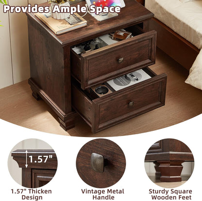 Farmhouse Nightstand with Charging Station and 2 Drawers, Mid-Century Modern End Table with Solid Wood Legs, Rustic Bedside Table for Bedroom and Living Room