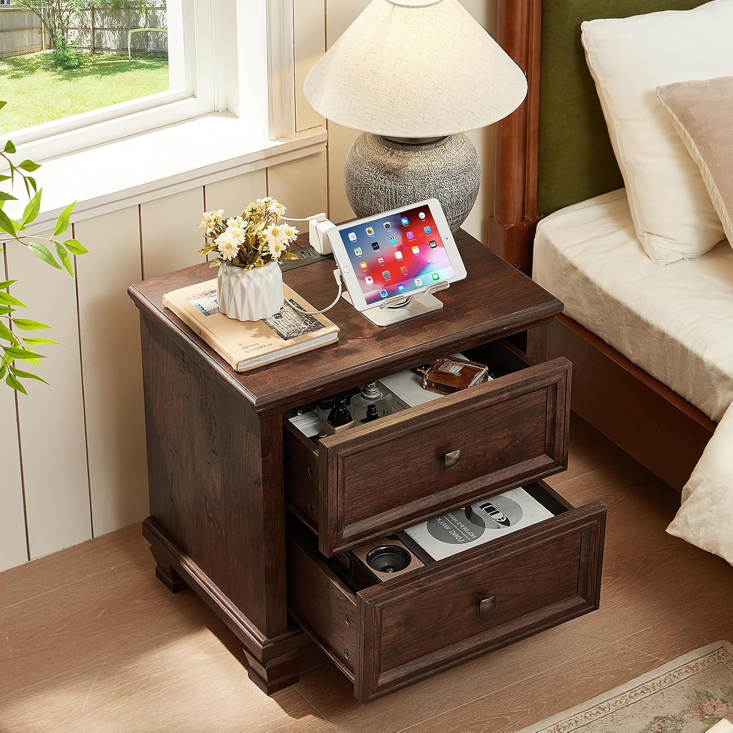 Farmhouse Nightstand with Charging Station and 2 Drawers, Mid-Century Modern End Table with Solid Wood Legs, Rustic Bedside Table for Bedroom and Living Room