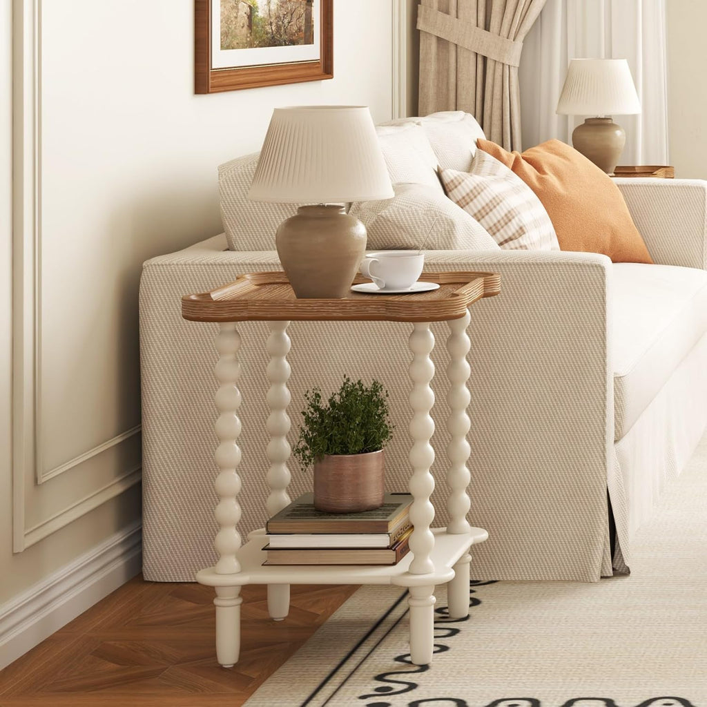 Farmhouse Square Side Table with Open Shelf, French Country End Table and Nightstand with Tray Top and Vintage Spindle Legs for Living Room and Bedroom