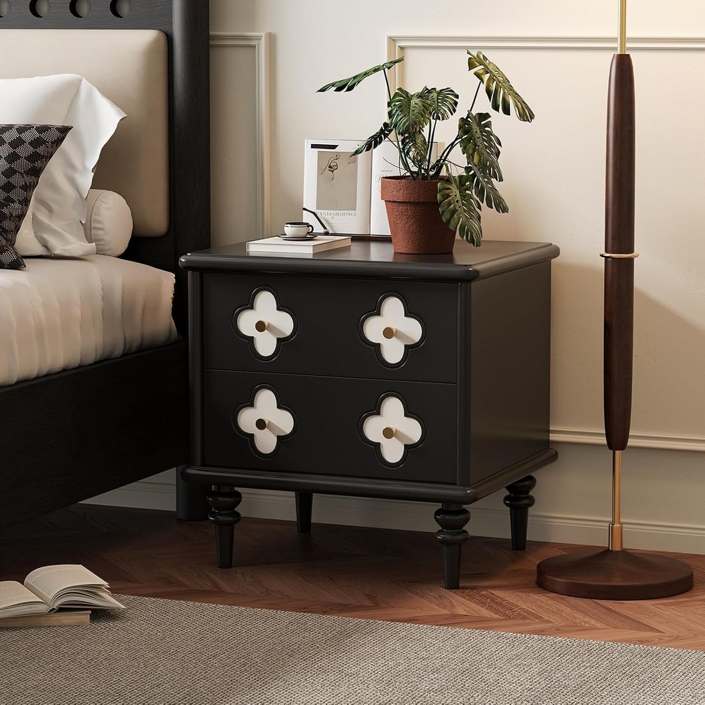 Vintage Nightstand with 2 Storage Drawers and Floral Detail Design, Wooden Bedside Table with Turned Legs for Bedroom and Living Room, Brown Finish