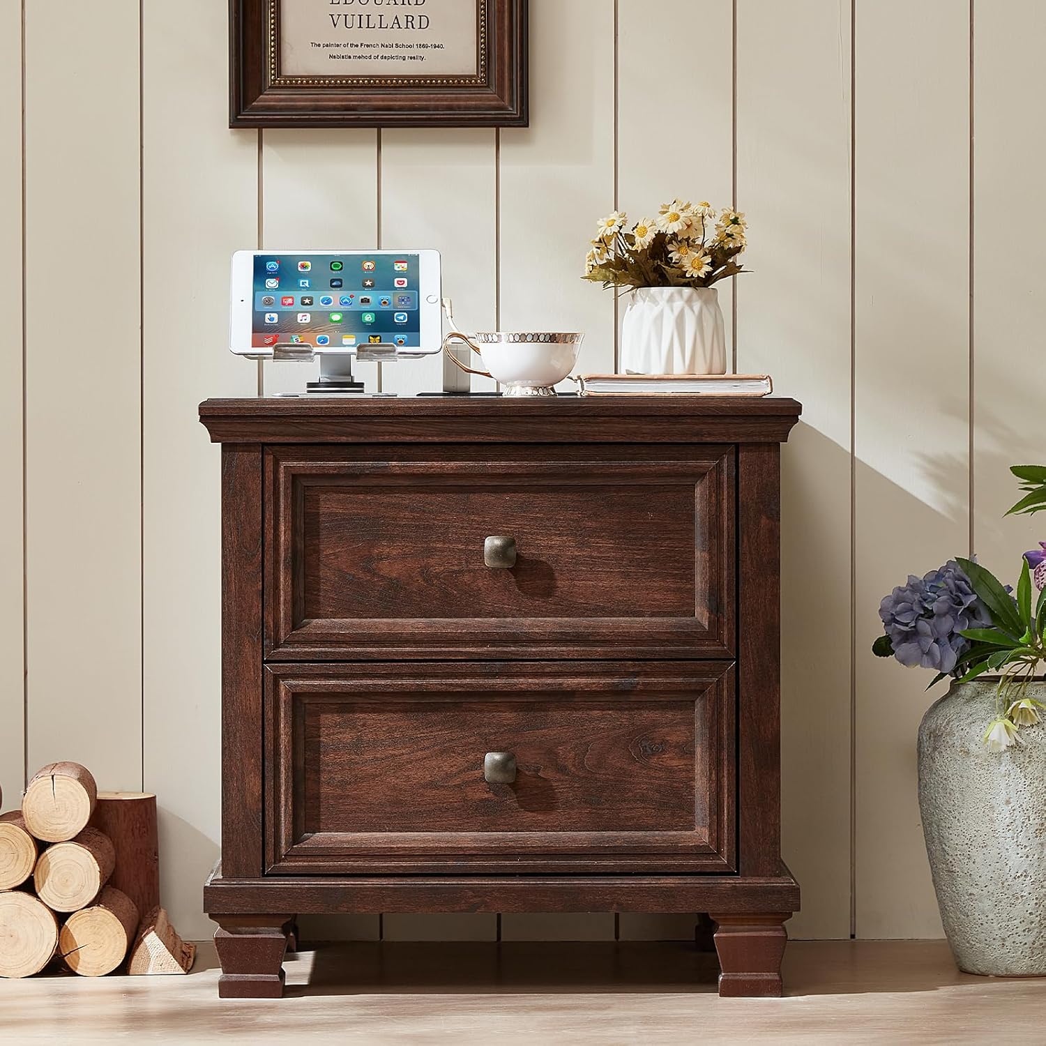 Farmhouse Nightstand with Charging Station and 2 Drawers, Mid-Century Modern End Table with Solid Wood Legs, Rustic Bedside Table for Bedroom and Living Room