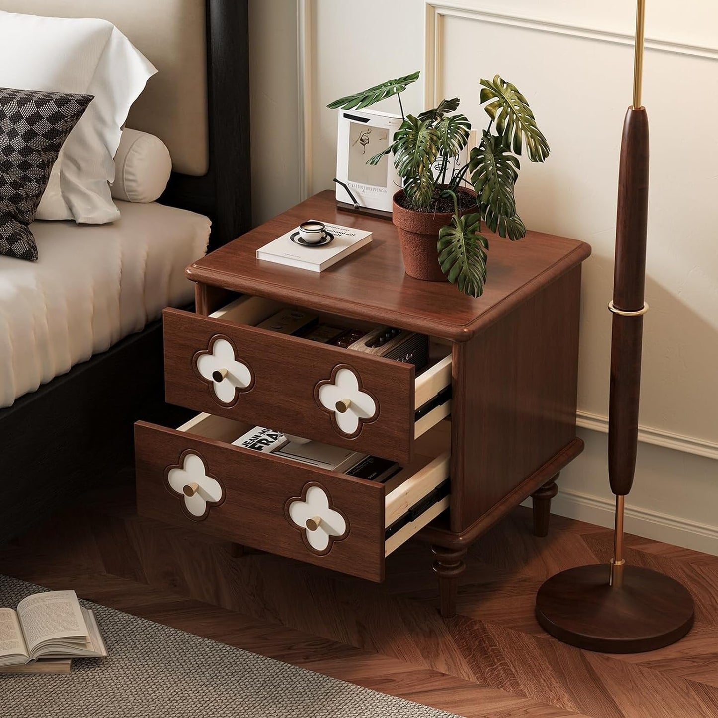 Vintage Nightstand with 2 Storage Drawers and Floral Detail Design, Wooden Bedside Table with Turned Legs for Bedroom and Living Room, Brown Finish