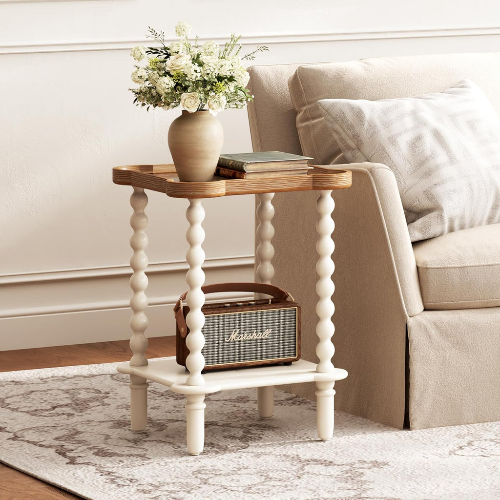 Farmhouse Square Side Table with Open Shelf, French Country End Table and Nightstand with Tray Top and Vintage Spindle Legs for Living Room and Bedroom