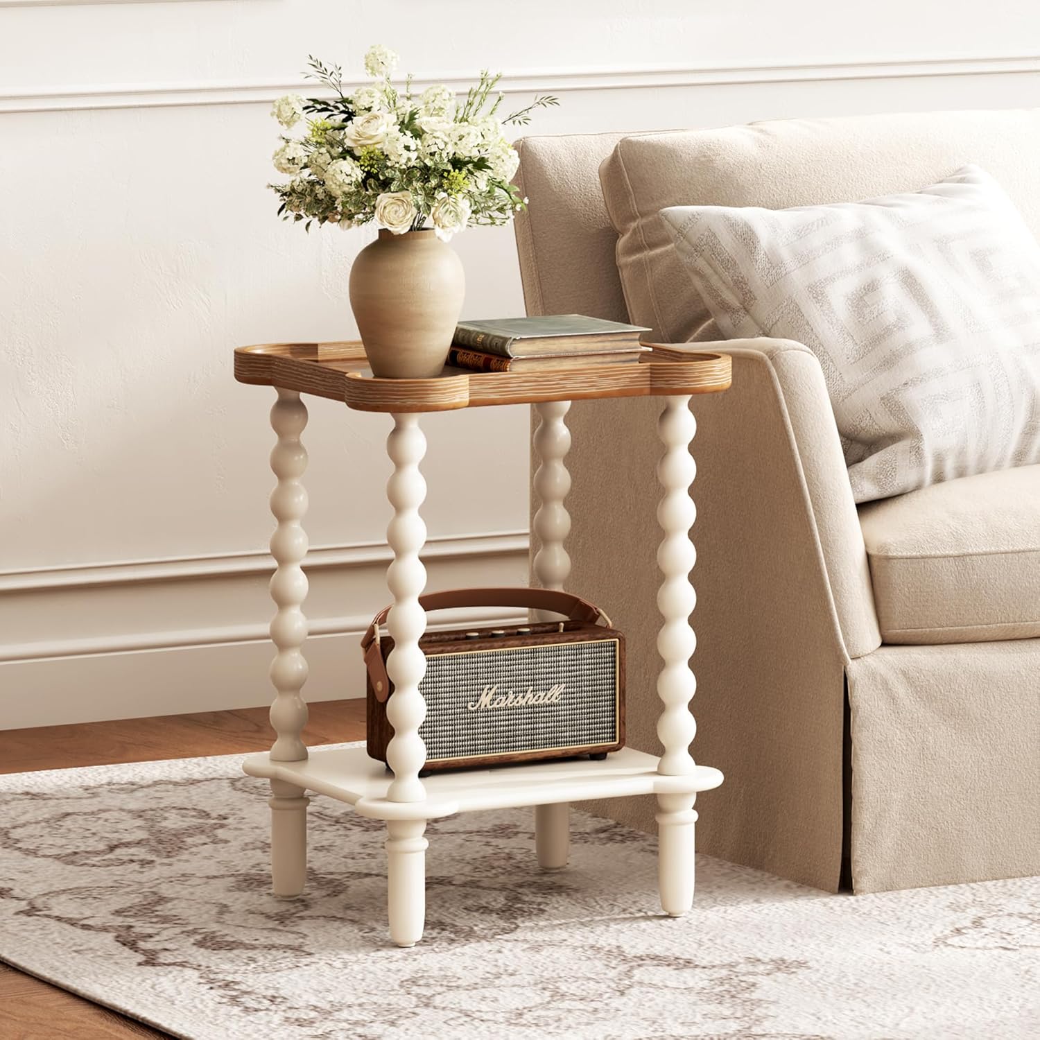 Farmhouse Square Side Table with Open Shelf, French Country End Table and Nightstand with Tray Top and Vintage Spindle Legs for Living Room and Bedroom