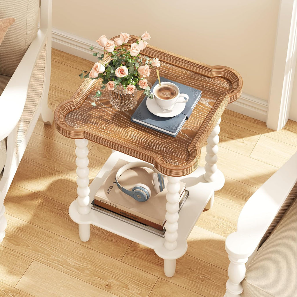 Farmhouse Square Side Table with Open Shelf, French Country End Table and Nightstand with Tray Top and Vintage Spindle Legs for Living Room and Bedroom