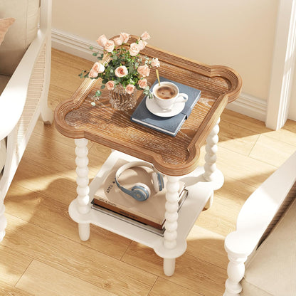 Farmhouse Square Side Table with Open Shelf, French Country End Table and Nightstand with Tray Top and Vintage Spindle Legs for Living Room and Bedroom