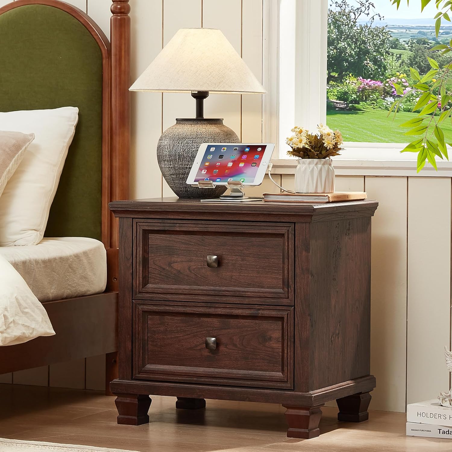 Farmhouse Nightstand with Charging Station and 2 Drawers, Mid-Century Modern End Table with Solid Wood Legs, Rustic Bedside Table for Bedroom and Living Room
