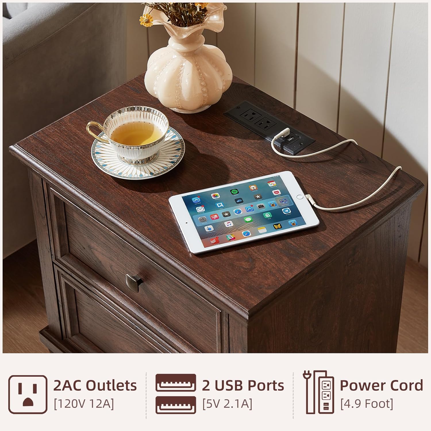 Farmhouse Nightstand with Charging Station and 2 Drawers, Mid-Century Modern End Table with Solid Wood Legs, Rustic Bedside Table for Bedroom and Living Room