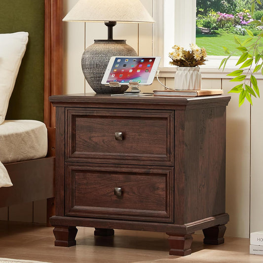 Farmhouse Nightstand with Charging Station and 2 Drawers, Mid-Century Modern End Table with Solid Wood Legs, Rustic Bedside Table for Bedroom and Living Room