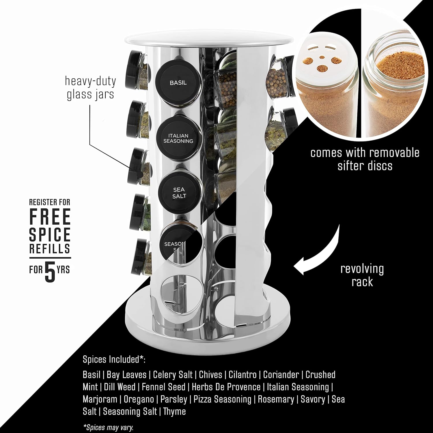 20-Jar Revolving Spice Rack Organizer with Included Spice Jars, Rotating Stainless Steel Countertop Seasoning Carousel for Kitchen Storage and Cooking Essentials