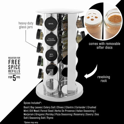 20-Jar Revolving Spice Rack Organizer with Included Spice Jars, Rotating Stainless Steel Countertop Seasoning Carousel for Kitchen Storage and Cooking Essentials