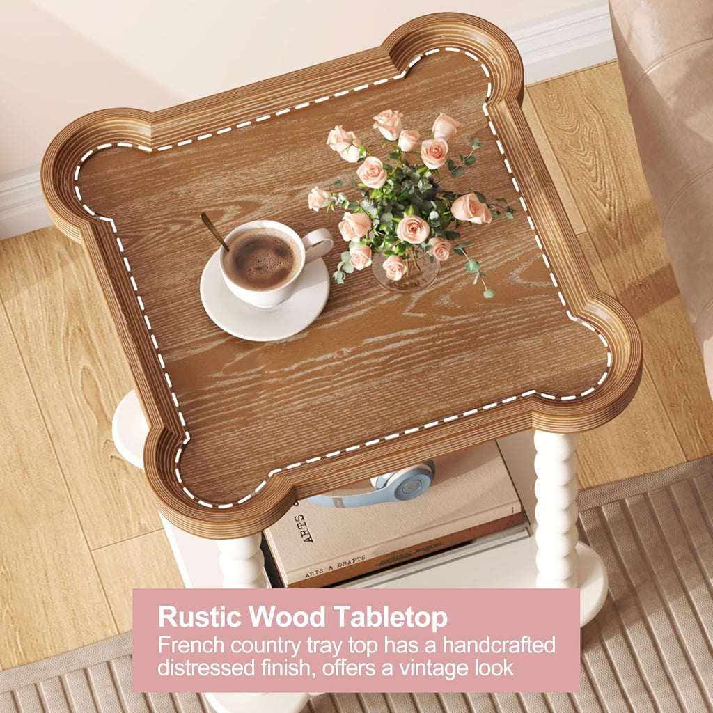 Farmhouse Square Side Table with Open Shelf, French Country End Table and Nightstand with Tray Top and Vintage Spindle Legs for Living Room and Bedroom