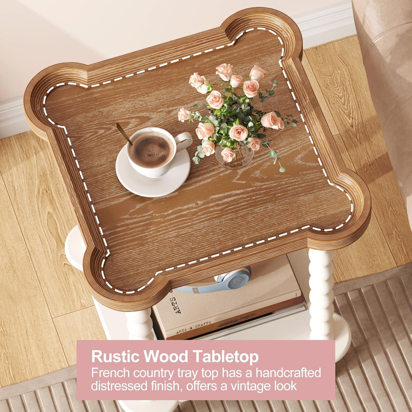 Farmhouse Square Side Table with Open Shelf, French Country End Table and Nightstand with Tray Top and Vintage Spindle Legs for Living Room and Bedroom