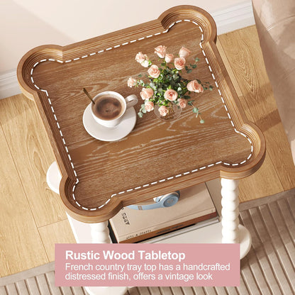 Farmhouse Square Side Table with Open Shelf, French Country End Table and Nightstand with Tray Top and Vintage Spindle Legs for Living Room and Bedroom