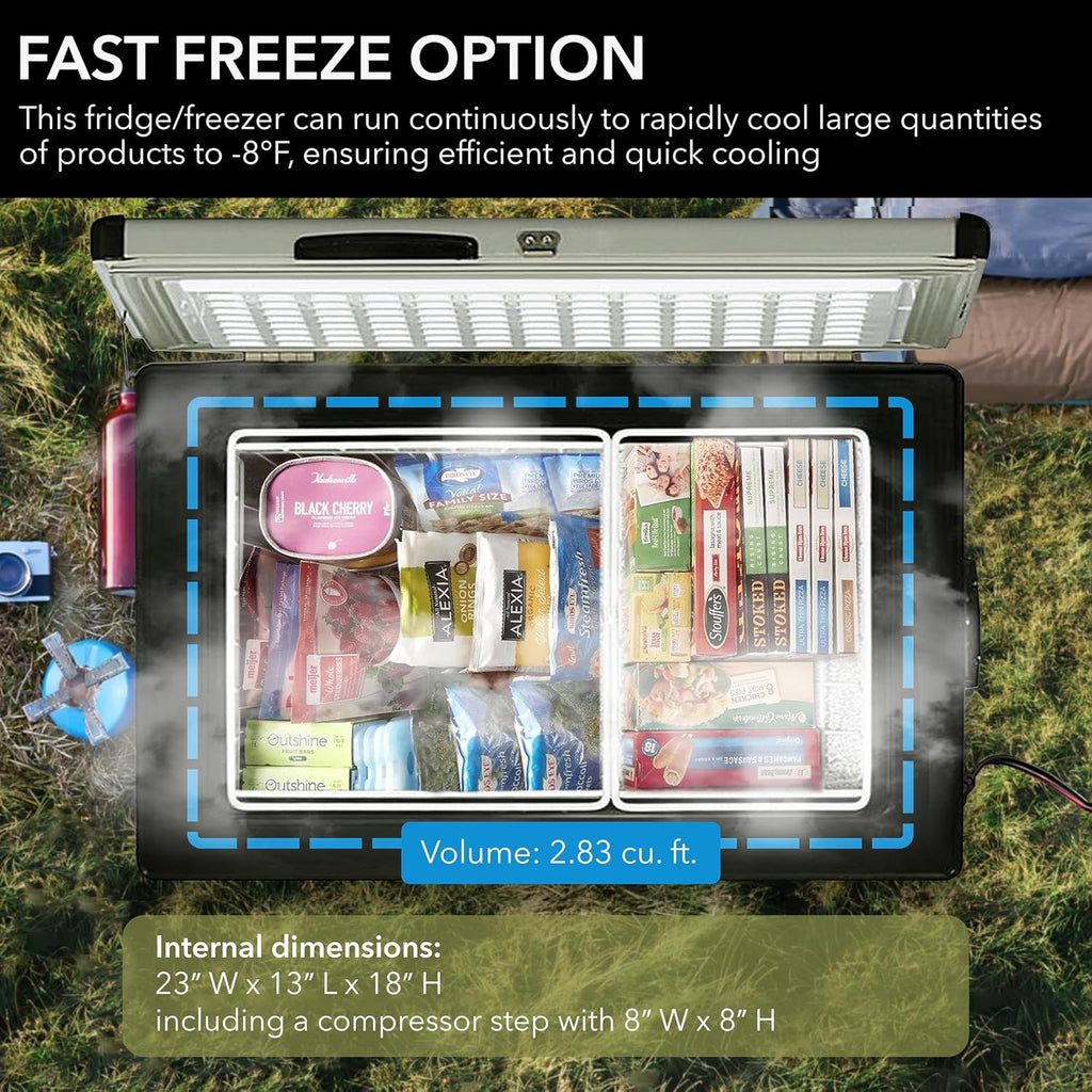 85-Quart Portable Refrigerator and Freezer for Camping, RV, Road Trips and Outdoor Adventures, Dual Power AC/DC Travel Cooler with Adjustable Temperature Control