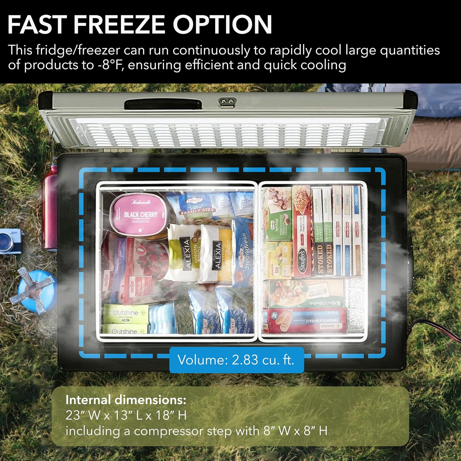 85-Quart Portable Refrigerator and Freezer for Camping, RV, Road Trips and Outdoor Adventures, Dual Power AC/DC Travel Cooler with Adjustable Temperature Control