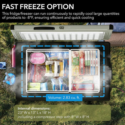 85-Quart Portable Refrigerator and Freezer for Camping, RV, Road Trips and Outdoor Adventures, Dual Power AC/DC Travel Cooler with Adjustable Temperature Control